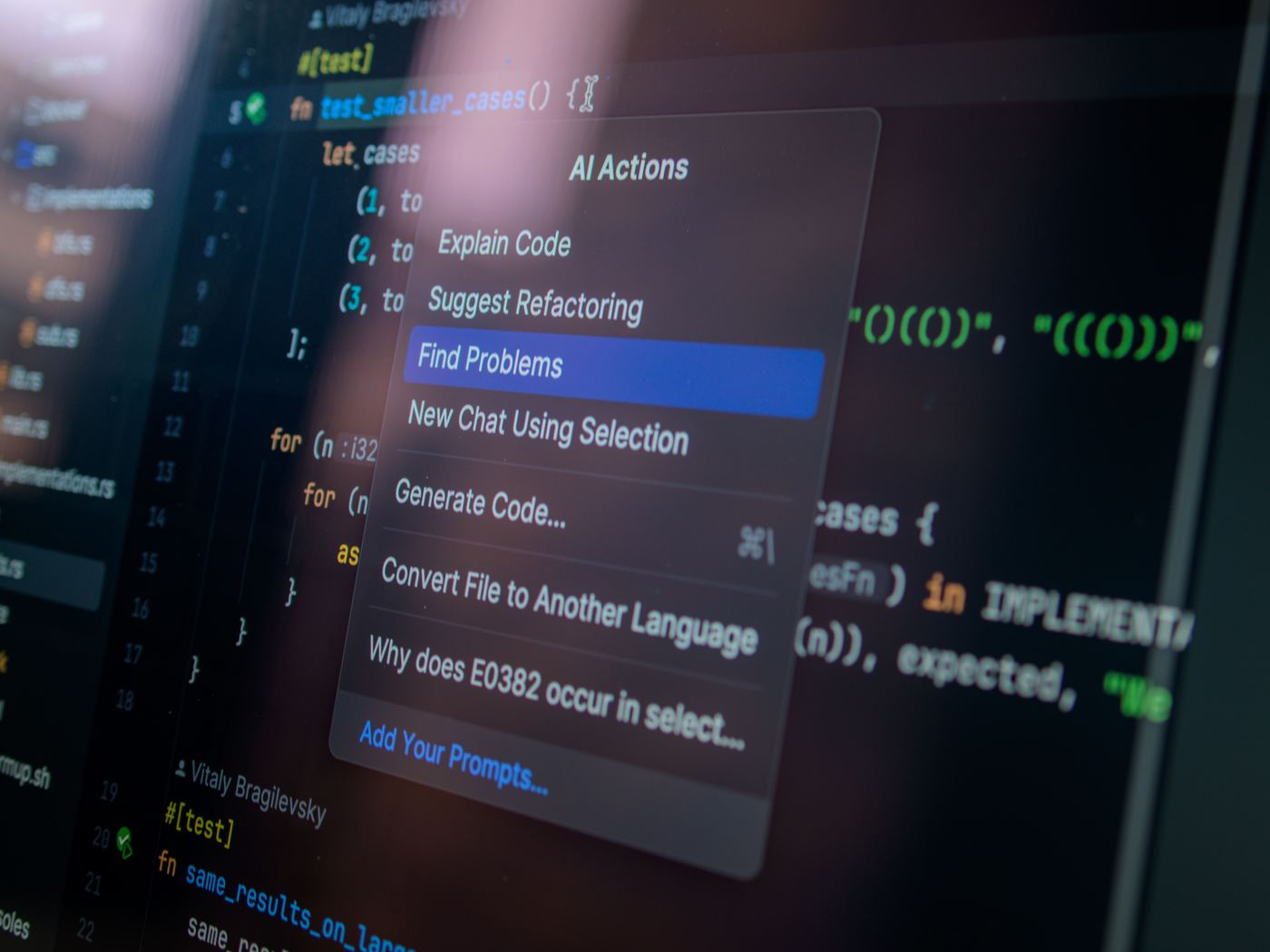 A code editor with refactoring actions open